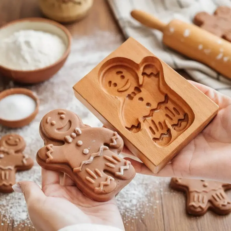 Moldes de galletas de madera 3D para hornear cortadores en forma de pan de jengibre y calabaza en relieve, sellos de prensa de masa reutilizables para galletas navideñas