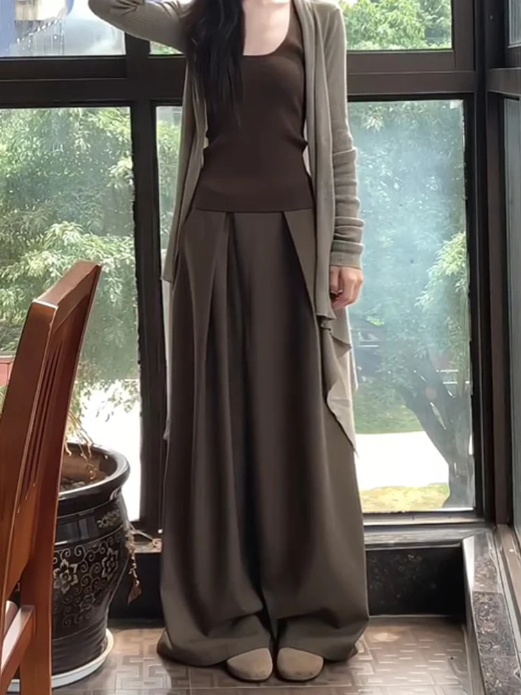 Extended 80cm Tall Women's Wide Leg Pants Pleated Loose Fit Floor Length Casual Straight Cut High Waist Skinnifng Effect