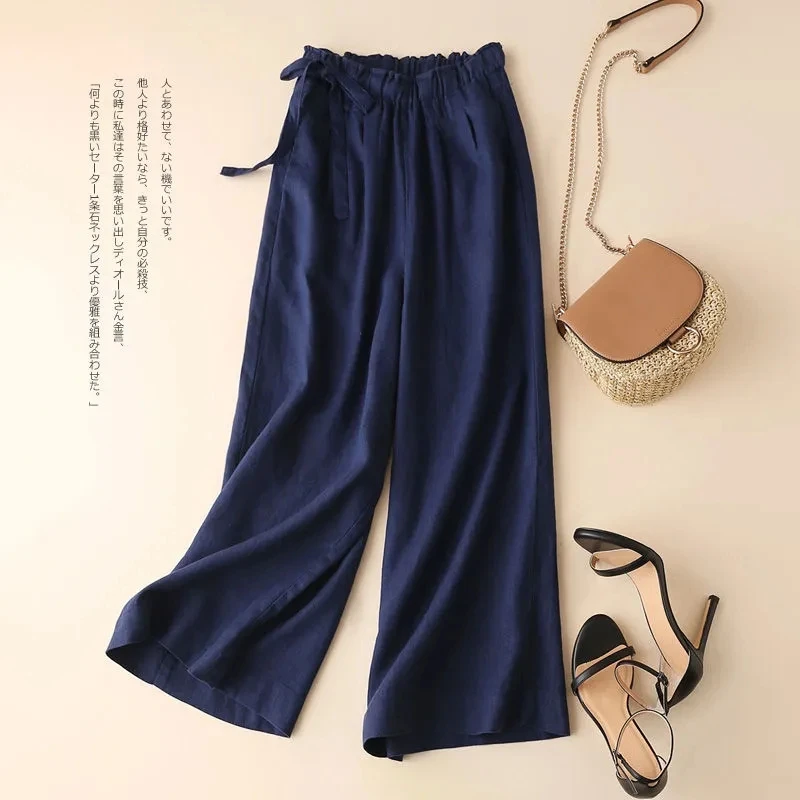 

Lace Up Elastic High Waist Solid Casual Cotton Linen Women's Pants Korean Fashion Wide Leg Ankle-Length Pants For Women 2024