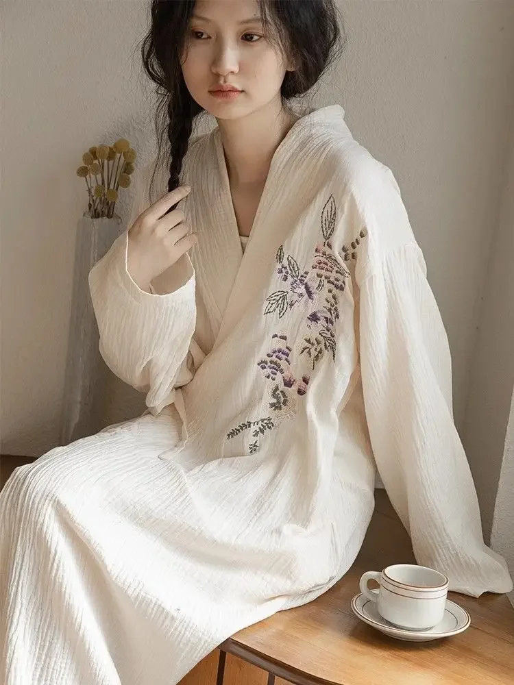 Autumn Robes Women Lovely Floral Chic Lace-up Design Fashion Japanese Style Cozy Long Sleeved Sleepwear Midi Night Ladies Daily