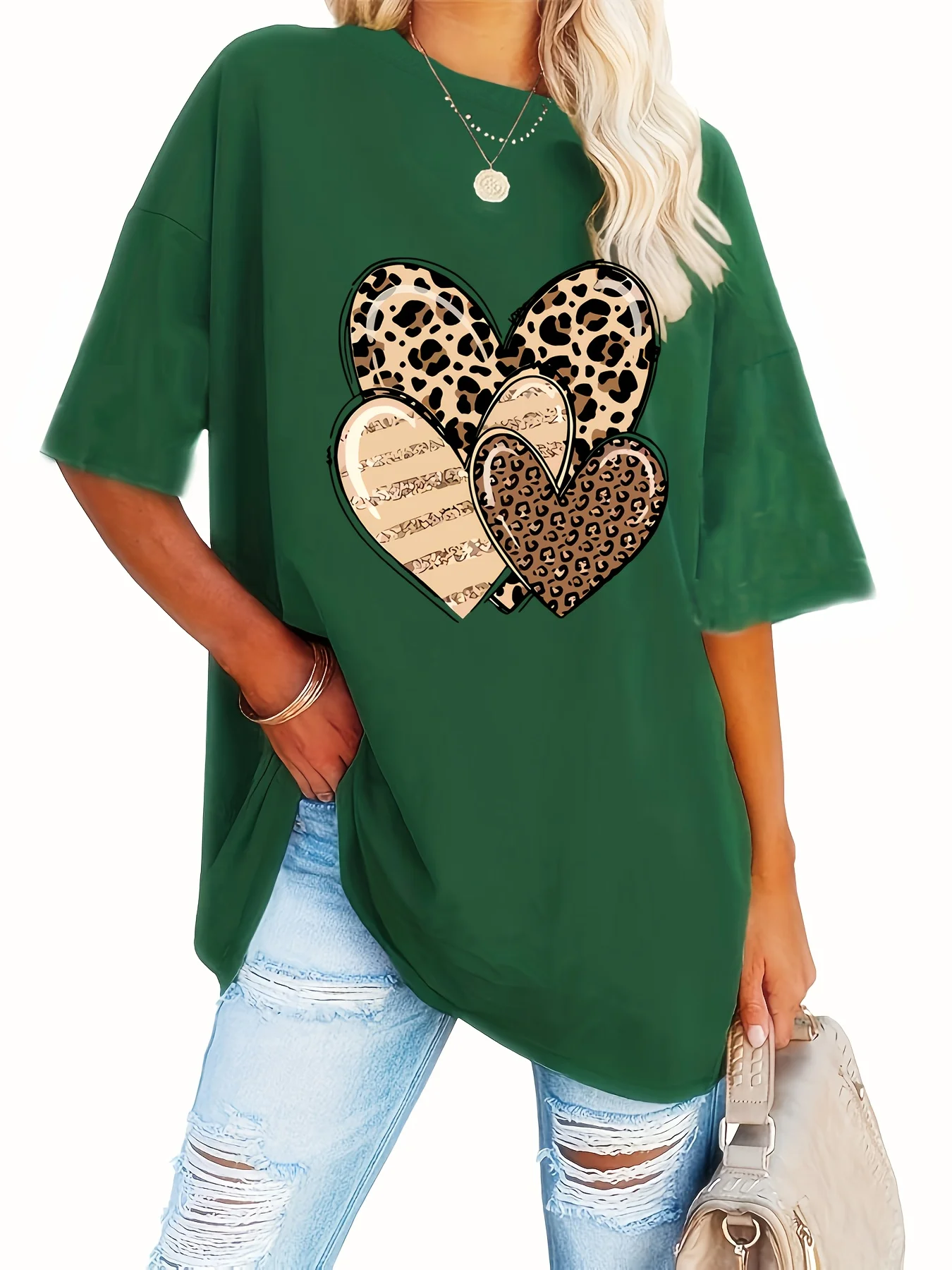 

Модная женская футболка с принтом в виде сердечек, круглым вырезом и короткими рукавами, стильный повседневный топ для женщин