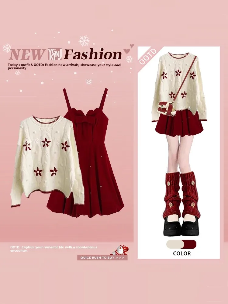 Cisas Theme Color Blo Sweater And Skirt Set Women's Faion Autumn Winter Ensemble ort Pleated Skirt Long Sve