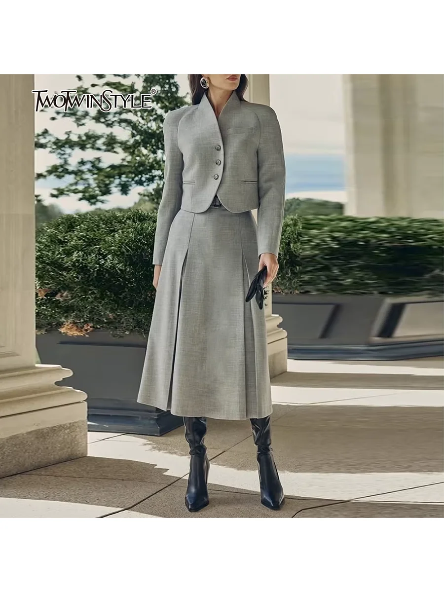 

TWOTWINSTYLE High End Gray Two Piece Set for Women Stand Collar Long Sleeve Short Top High Waist Midi Skirt Office Suit Female