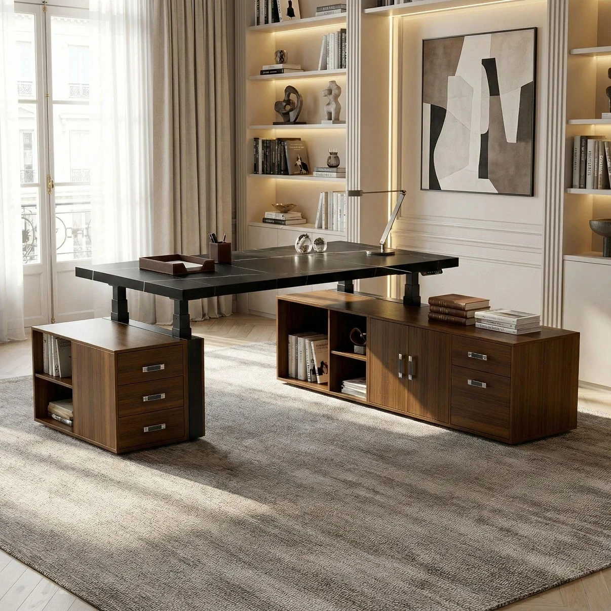 2026 Electric Height Adjustable Executive Desk Black Slate Tabletop Double Side Storage Cabinets Walnut Office Desk For Manager