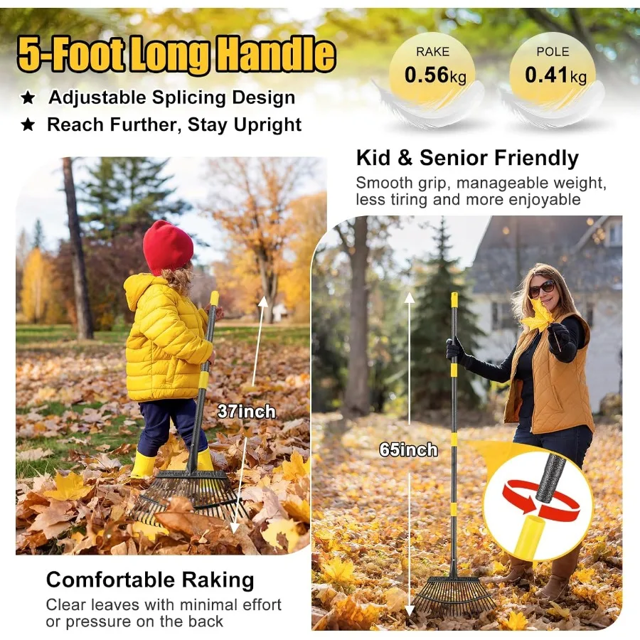 頑丈なガーデンレーキで効率的な落ち葉やゴミの掃除：18インチ幅の金属製レーキ、65cm調節可能なハンドル、25歯のデザイン