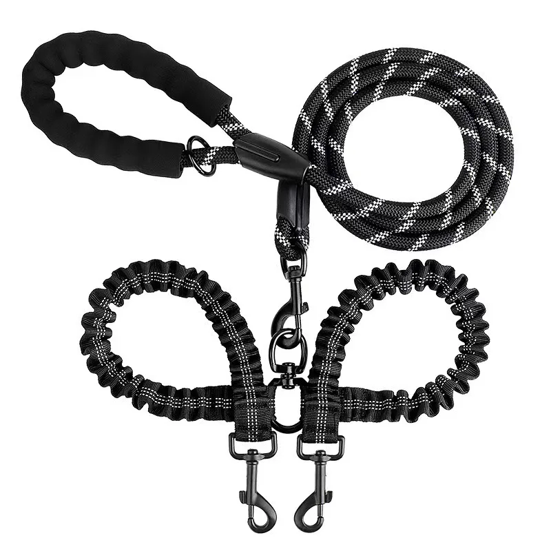 Pet dog double lead, reflective 13 colour one drags two double head anti-tangle telescopic elastic nylon lead