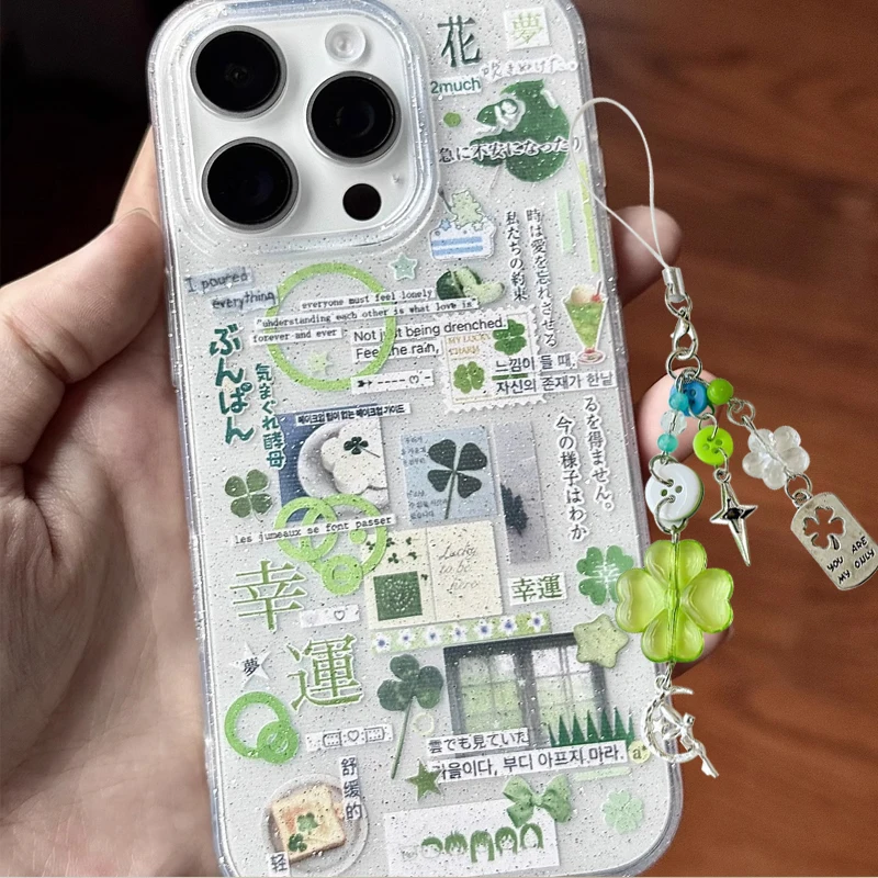 Japanese Green Clover Sparkling Pink Cartoon Lucky Phone Cas