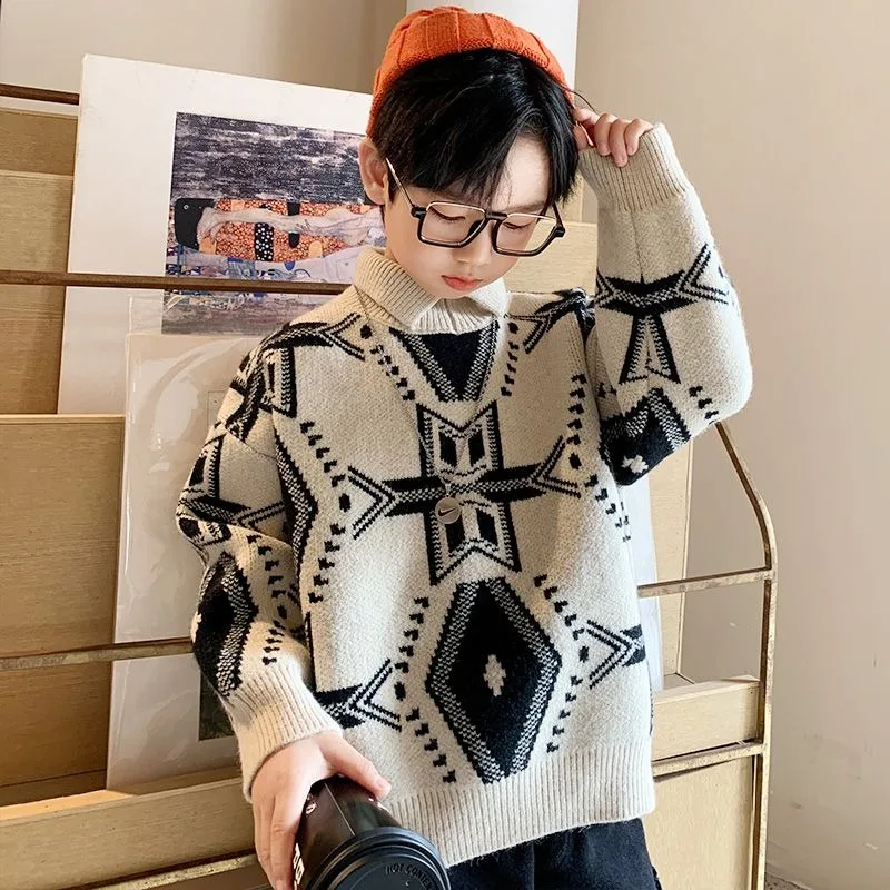 

Trendy Thermal Thickened Boys Pullover Sweater 2025 New Style Autumn/Winter for Ages 12-15