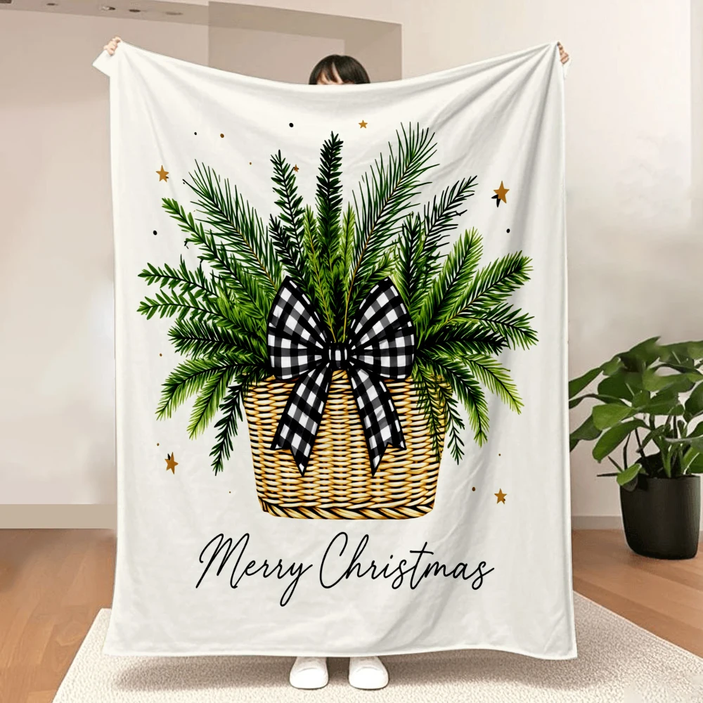 1PC Christmas Pine Branch and Plaid Bow Print Blanket-Made of soft, fluffy flannel, perfect for a sofa, bed or lounge chair. Ide
