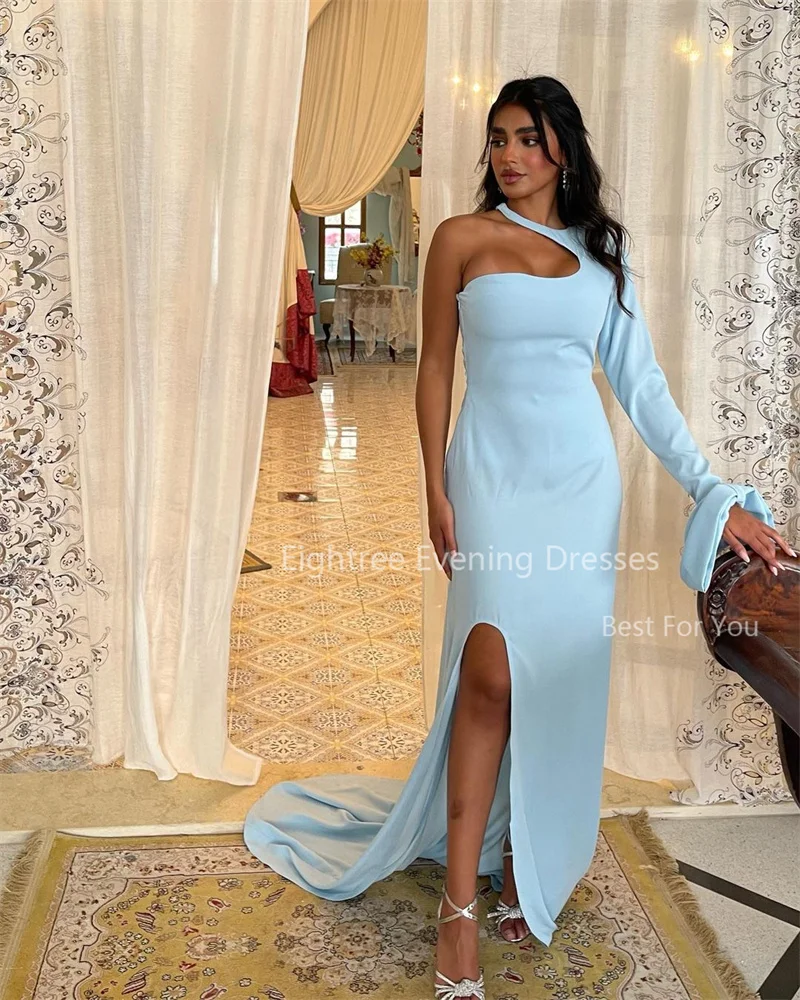 Eightree Elegant Long Blue Crepe Evening Dresses Mermaid One Shoulder Sweep Train Prom Dresses Robe De Soiree Formal Party Gowns