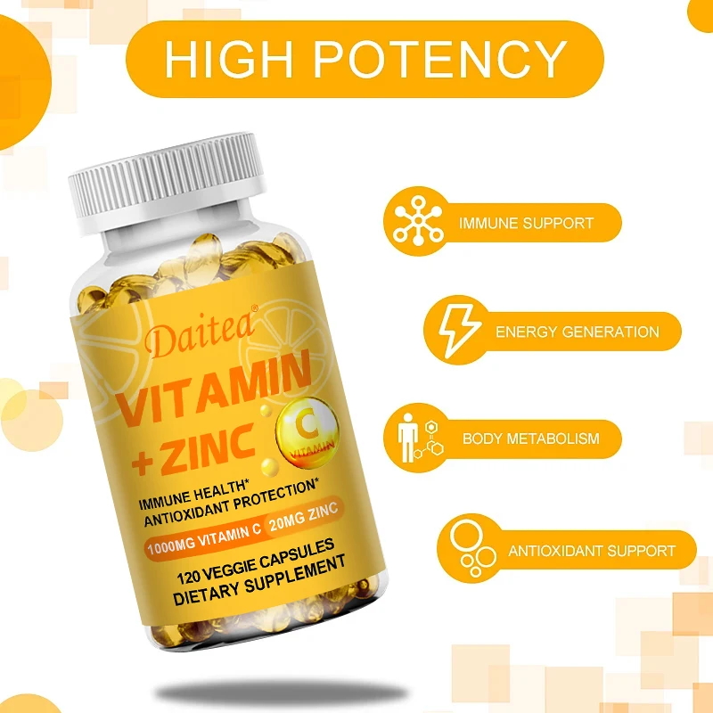 Daitea Vitamin C 1000mg + Zinc 20mg Capsule Supplement - Skin Health Cellular Energy Production Antioxidants