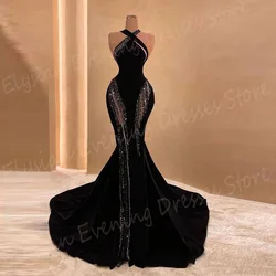 Vestido De Noche clásico De sirena para mujer, traje moderno con cuello Halter, personalizado, con cuentas, elegante, color negro, 2025