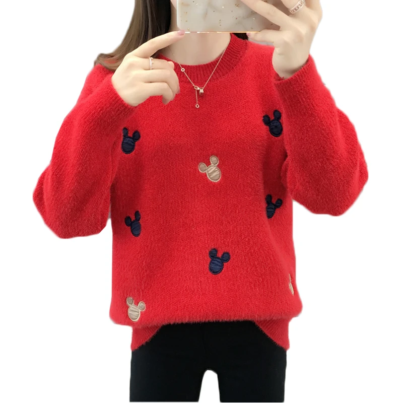 2020 New Autumn Winter Women Mink Fleece Sweater Pullover O-neck Long-sleeved Knitted Sweater Female Tops HK391