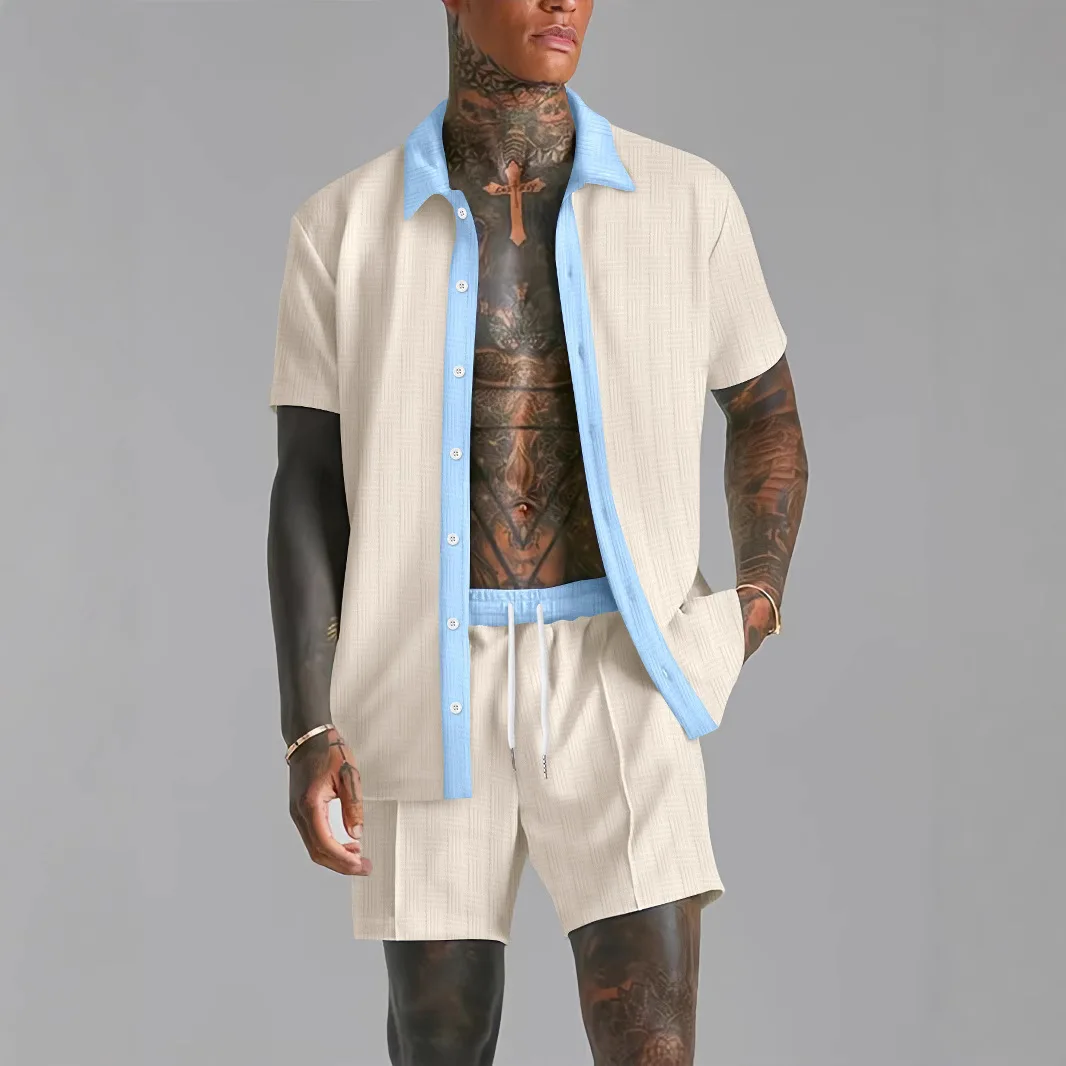 

2025 Summer Men's Fashion Casual Jacquard Short-sleeved Shirt Shorts Set