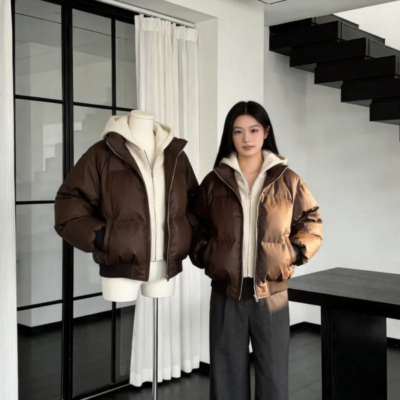 Korean Fake 2 Piece Contrast Hooded Puffer Parka Women PU Leather Cotton Padded Loose Warm Coat Winter Casual Daily Outerwear