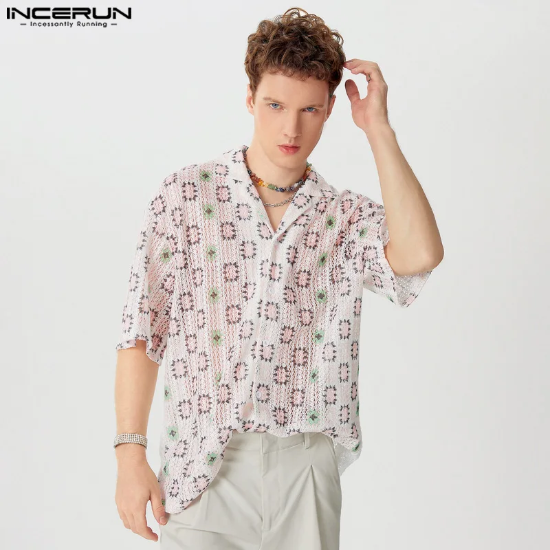 INCERUN Tops 2024 American Style Fashion Men's See-through Tracery Plaid Shirts Casual Hot Sale Lapel Short Sleeved Blouse S-5XL