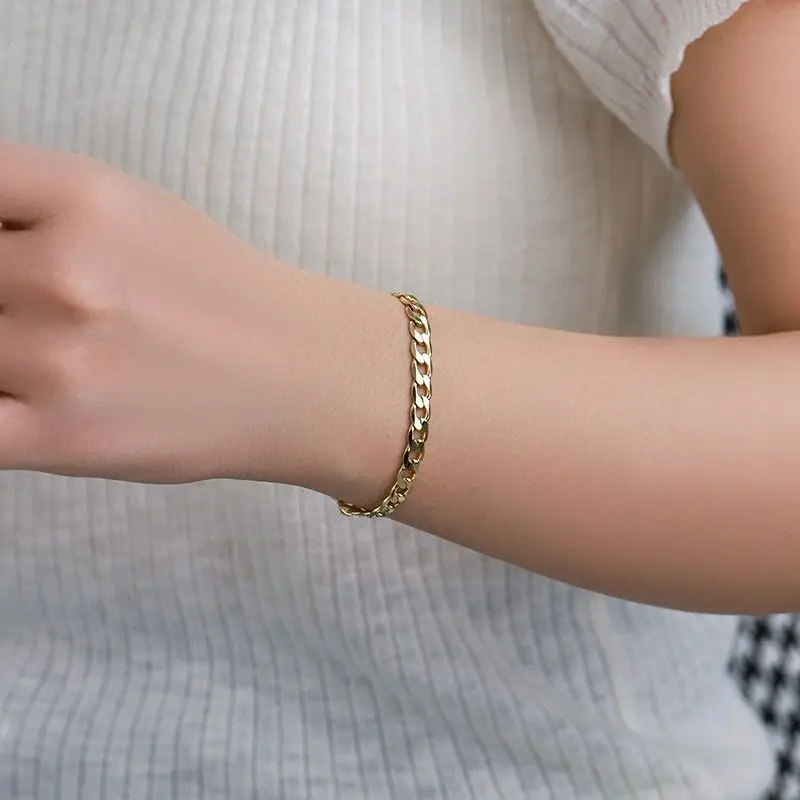 مجوهرات XP - (19 سم 25 سم × 5 مم) 14 قيراط مطلية بالذهب الفاتح فيجارو 1:1 سوار كلاسيكي للرجال والنساء مجوهرات الأزياء