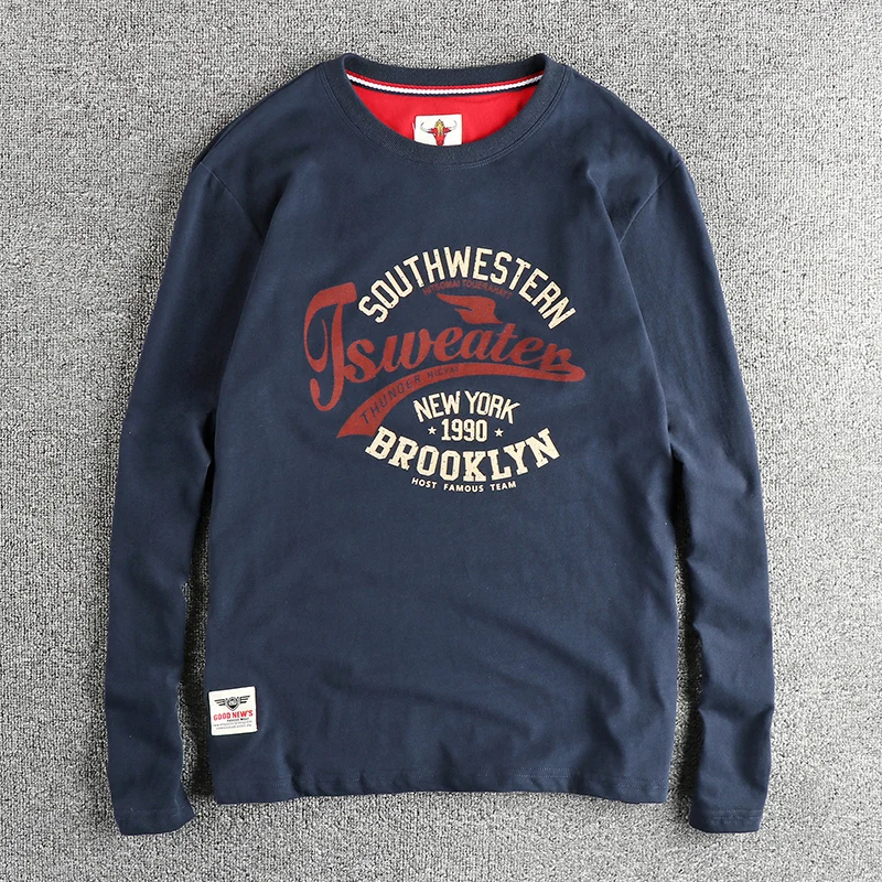 

Autumn new American retro trend letter pattern long sleeve T-shirt men's cotton casual base shirt