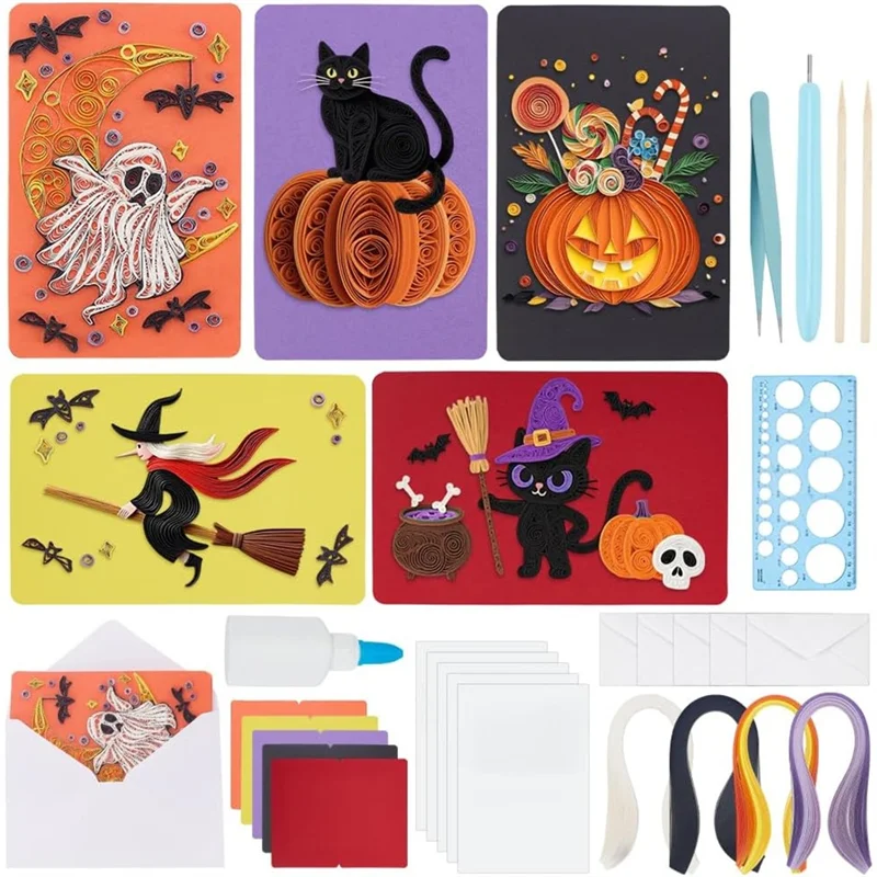 

AT69-для декора Хэллоуина, квиллинговая открытка для взрослых, начинающих, 20 комплектов, набор для квиллинга из бумаги, набор для изготовления поздравительных открыток с кошками