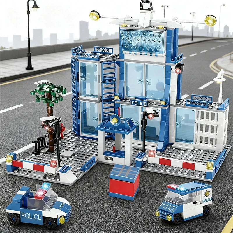 مجموعة مكعبات بناء مركز الشرطة مع سيارة شرطة للأولاد، لعبة سيارة تعليمية هدية عيد ميلاد للأطفال #1