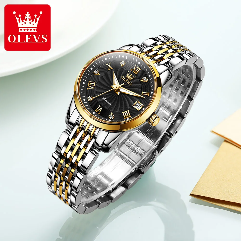 OLEVS Automatic Watch for Women Luxury Brand Ladies Mechanical Wristwatch Waterproof Stainless Steel Simple Girls Watch Gifts