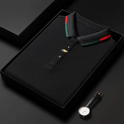 High End Brand Men's Embroidered Business Casual Lapel Long Sleeved 100% Cotton Polo Shirt Spring Autumn Fashion Solid Color Top