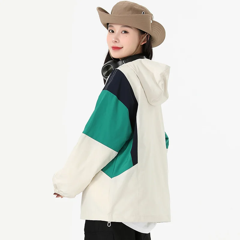 New Female Versatile Fashion Contrasting Color Patchwork Hooded Coat For Women'S Trend Spring And Autumn Loose Casual Jacket