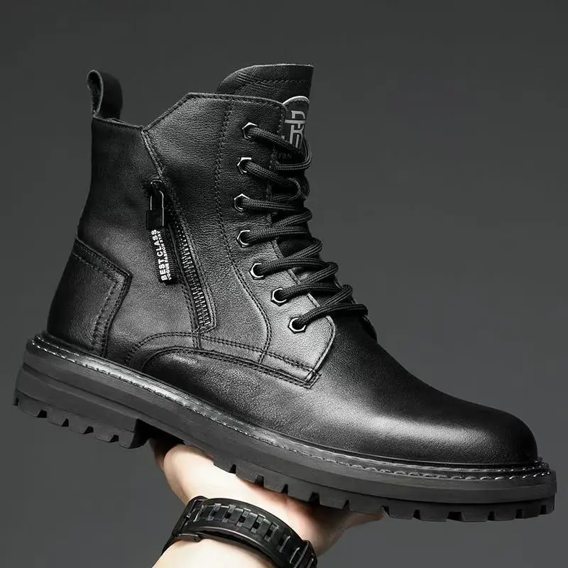 Men's boots autumn and winter with plush insulation 2025 new style men's boots men's shoes leather trend mid top men's boots