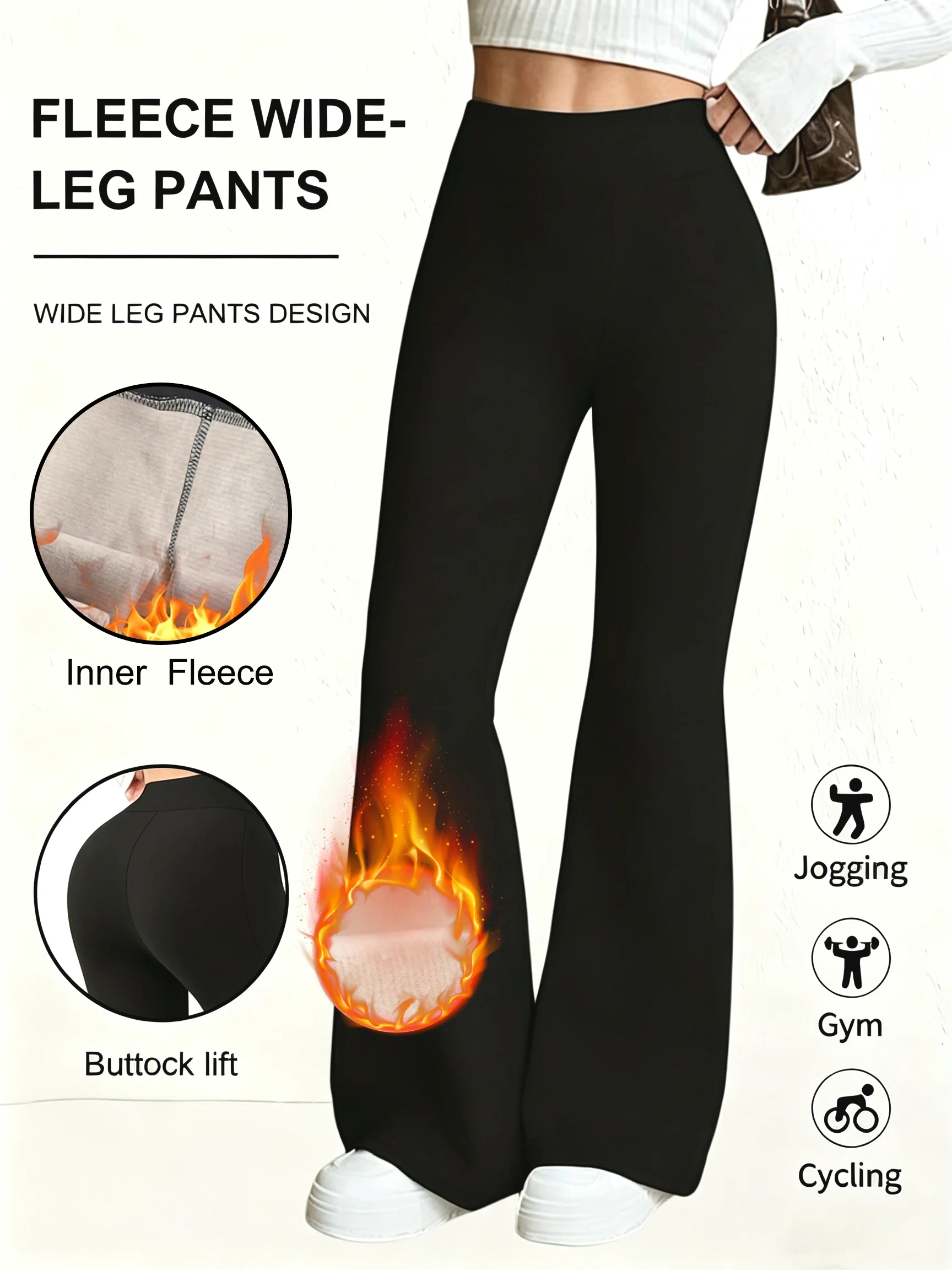 Women Winter Fleece Lined Flare Wide Leg Pants High Waist Butt Lift Thermal Thick Warm Stretch Sports Gym Jogging Casual Trouser