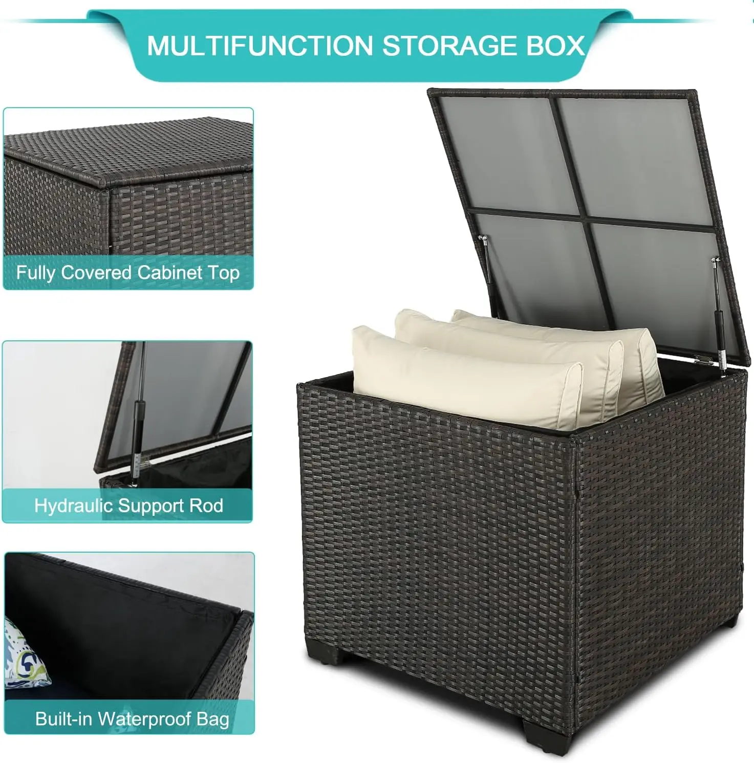 Outdoor PE Wicker Patio Furniture Set Rattan Sectional Loveseat Couch Set Conversation Sofa with Storage Box Glass Top Table