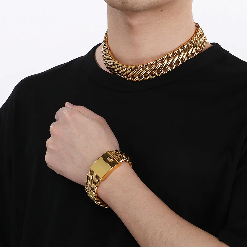 23MM Punk Gold Color Stainless Steel Braid Curb Cuban Necklace Bracelet Men Women Hiphop Rock Biker Bike Chain Choker  Jewelry