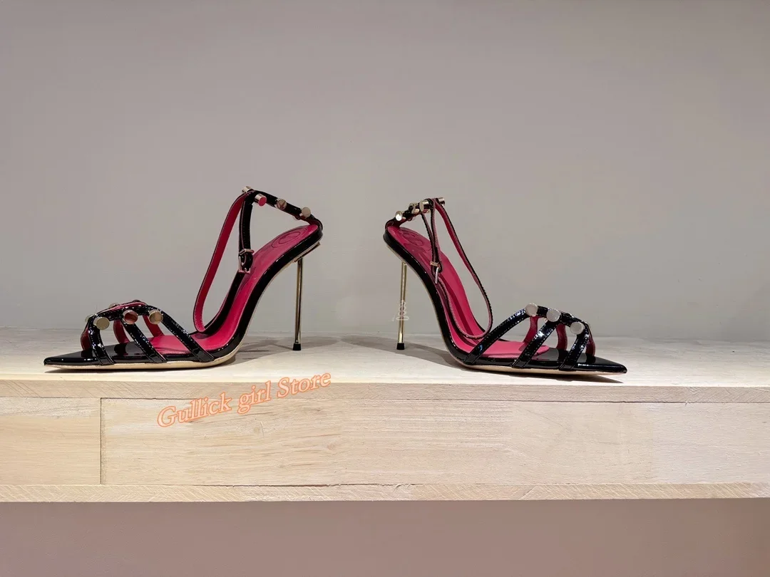 Metal Rivet Ankle Strap Sandals Super High Heel Sexy Pointed Toe Nude Black Red Fashion 2024 Summer Women Runway Shoes Handmade
