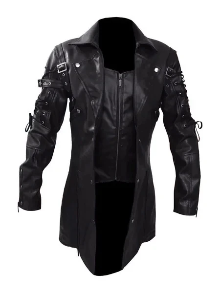 New Steampunk Men\'s Gothic Trench Coat Leather Jacket Punk Style Biker Jacke Autumn Winter Motocycle Jacket