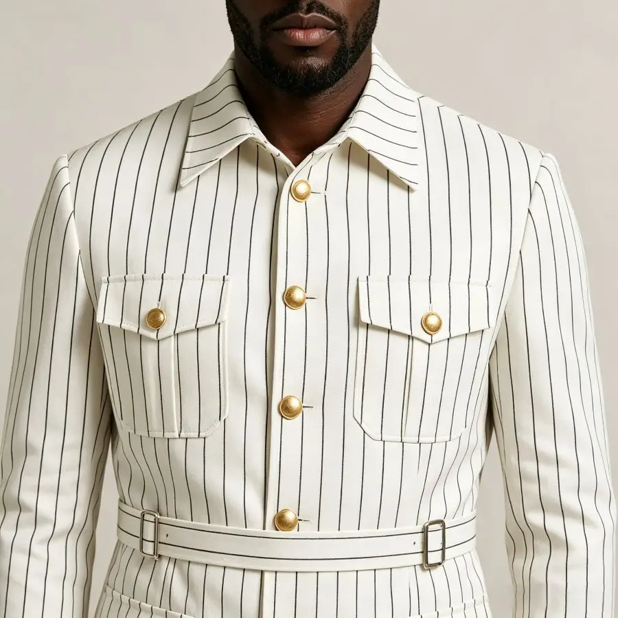 White Stripe Safari Men Suits with Belt 2 Pieces Formal Wedding Tuxedo Slim Fit Custom Made Jacket Pants For Groom Set