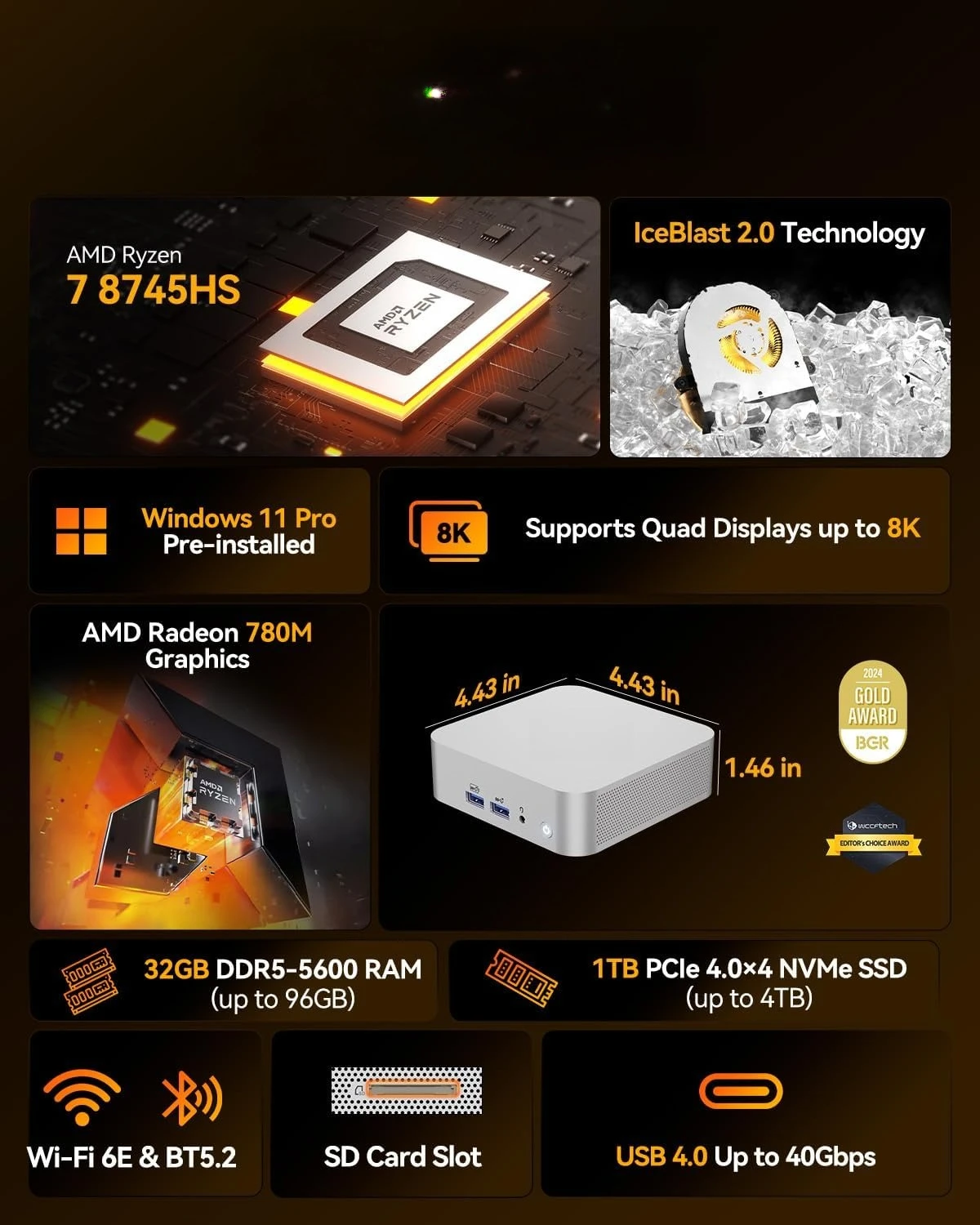 كمبيوتر صغير A8 مزود بـ AMD Ryzen 7 8745HS (Beats 6800H)، 32 جيجابايت DDR5 RAM 1 تيرابايت NVMe SSD، كمبيوتر مكتبي Windows 11 Pro، شعبي جديد #1