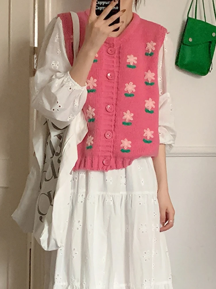 Deeptown Korean Sweet Thin Knit Crop Top Pink Preppy Style Sweater Single Breasted  Vest Tricot Blouse Economics Aesthetic