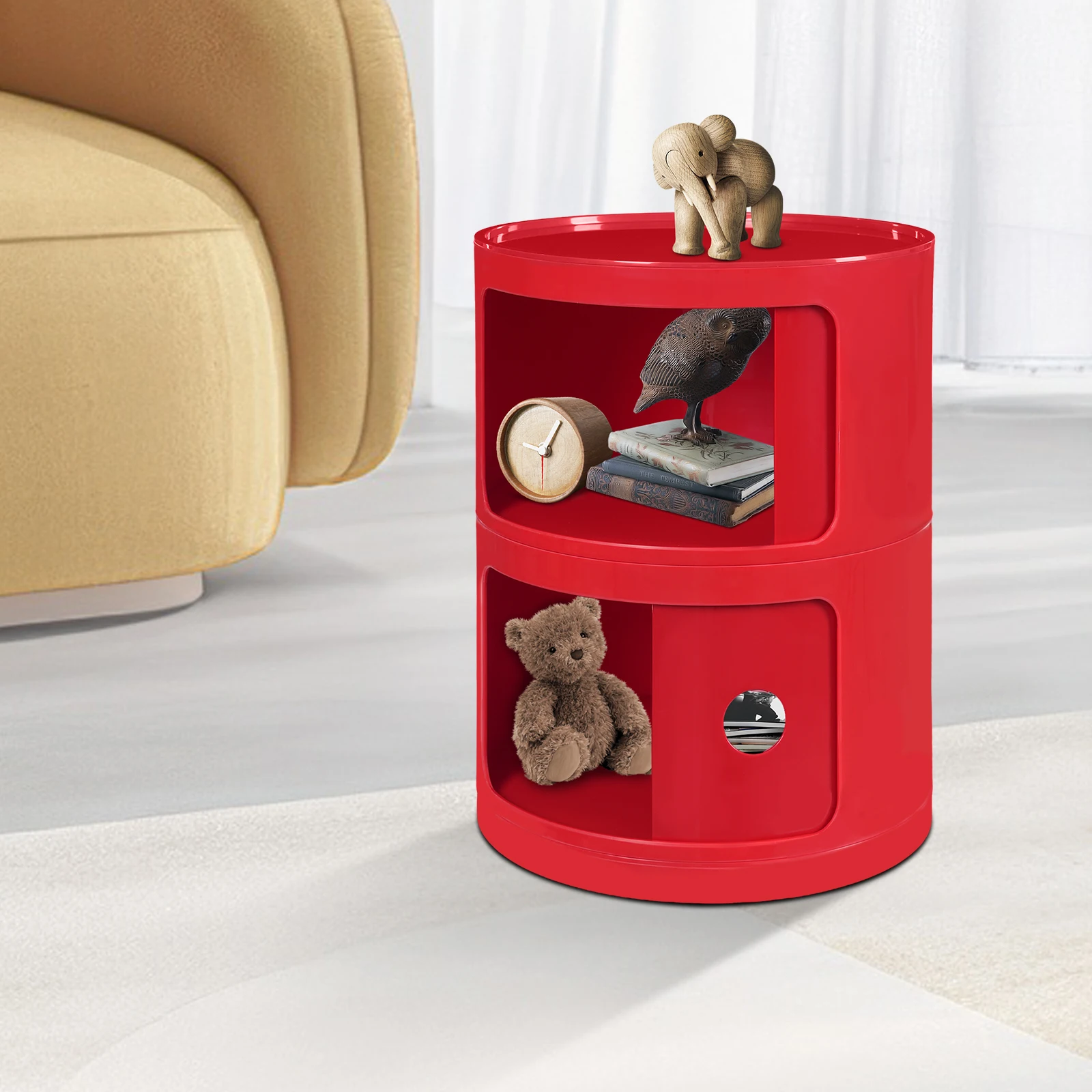 

2-Tier Red Modern ABS Floor Standing Round Cabinet, Round End Table with Storage, Round Organizer