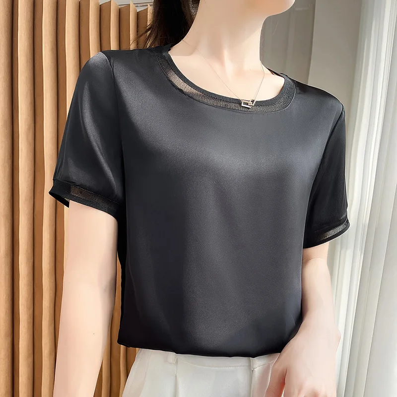 Explosions In Summer Women\'s Satin Gauze Round Neck V-Neck Short Sleeve Thin Solid Color T-Shirt Blouse Loose And Versatile