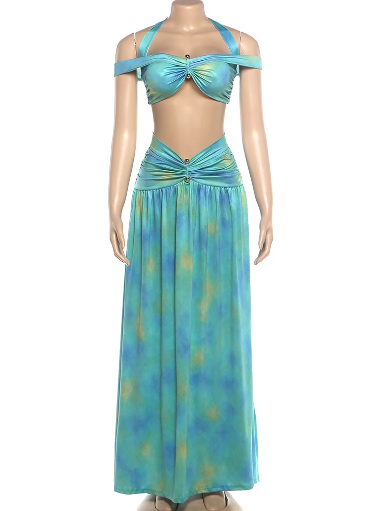 Nibber Chic Vacation 2-teiliges Set für Damen mit Polka-Dot-Print, sexy Neckholder-Bandagen-Crop-Tops mit Schrägausschnitt + hohler, geraffter Rock, Trendanzüge – Detail 5