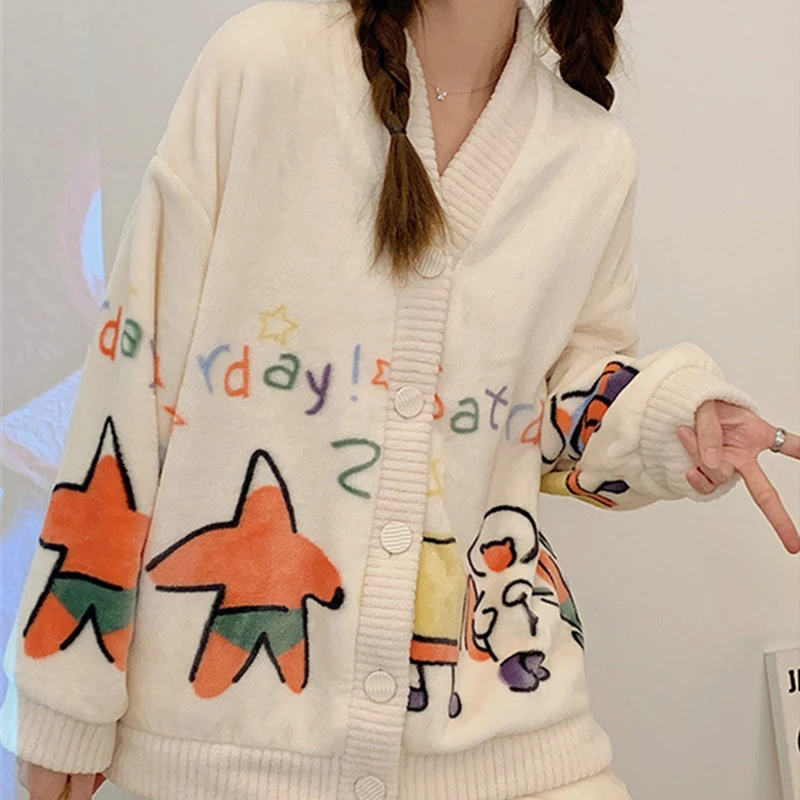 Autumn Winter V-neck Cartoon Cardigan Set Flannel Pajamas Women's Thickened Coral Velvet Long Sleeved Plush Home Clothes