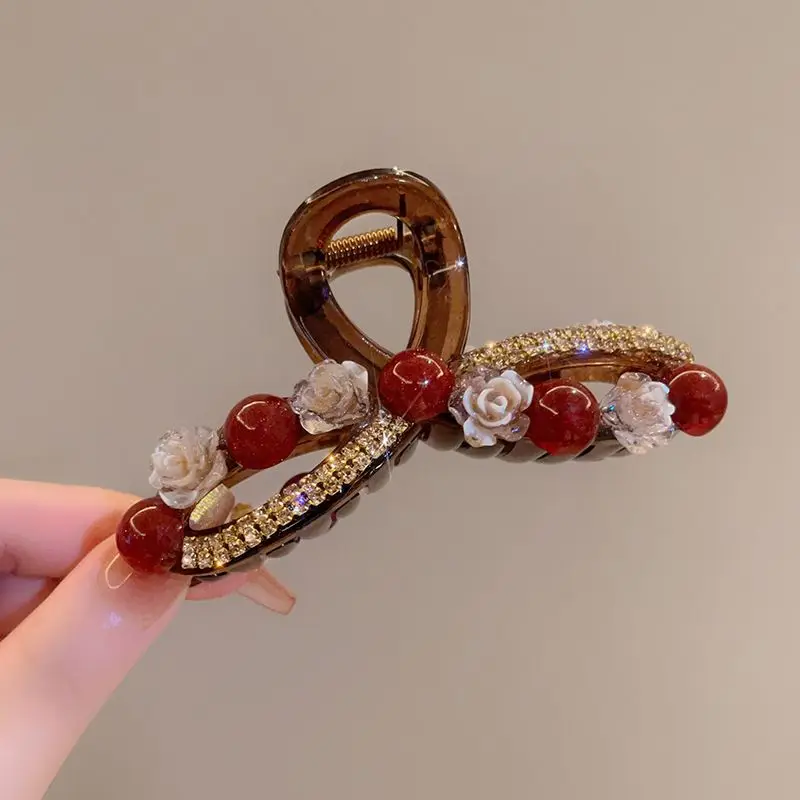 1 Stück Rosenrote Perlen-Haarspange für Damen, Herbst- und Wintermode, Haarklammer für die Hinterseite des Kopfes, Haaraccessoire – Detail 4