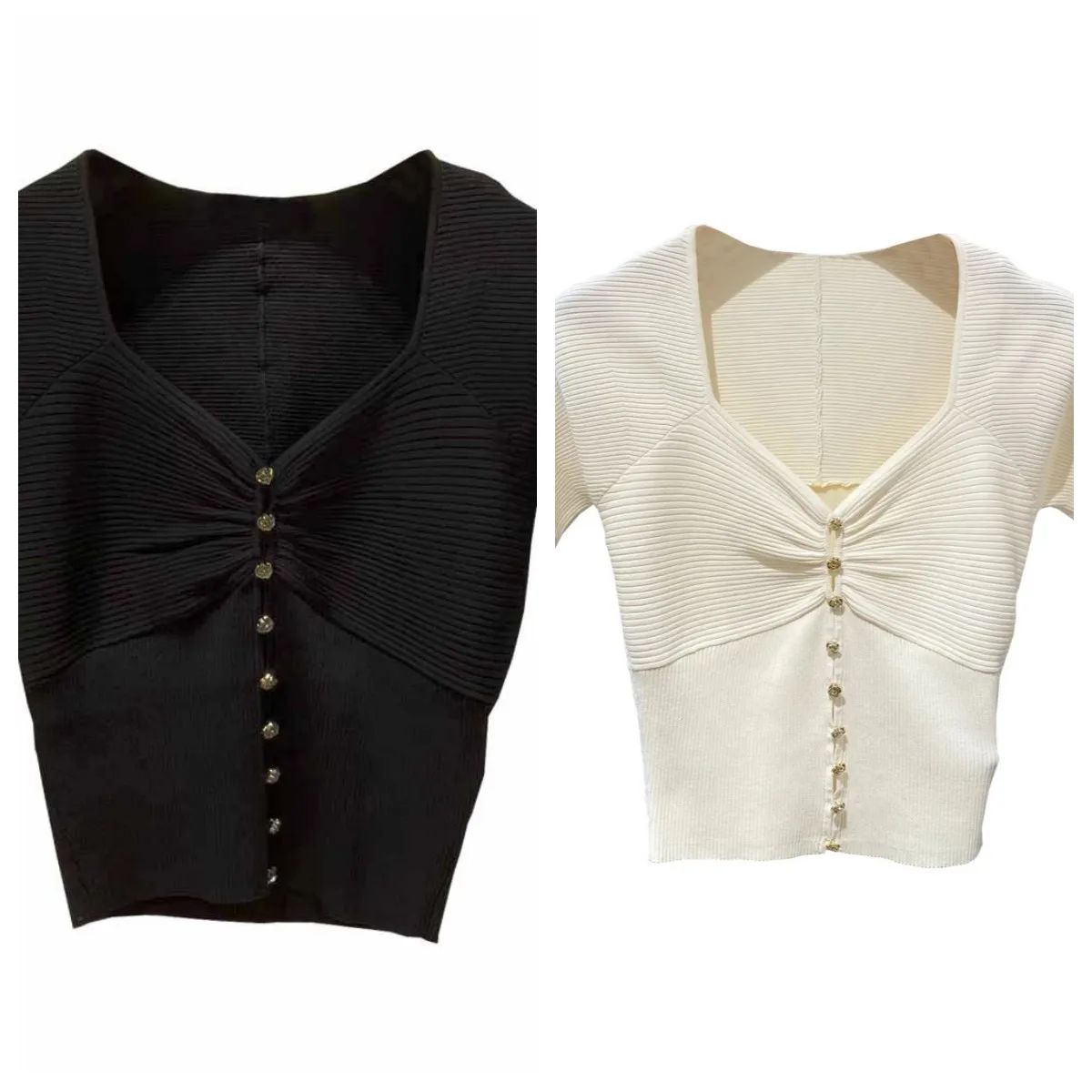 

Flower Metal Buckle Knitted Short Sleeved Cardigan V-Neck Five Quarter Sleeve Pleated Short Top for Women's Summer ﻿