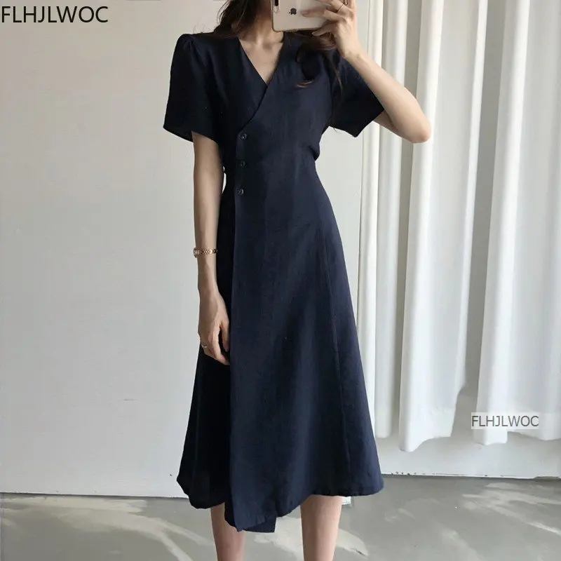 South Korea chic Midi Dress Women Summer Japan Style Retro Vintage Design Solid Button Shirt Dress Cotton Linen Flhjlwoc Vestido