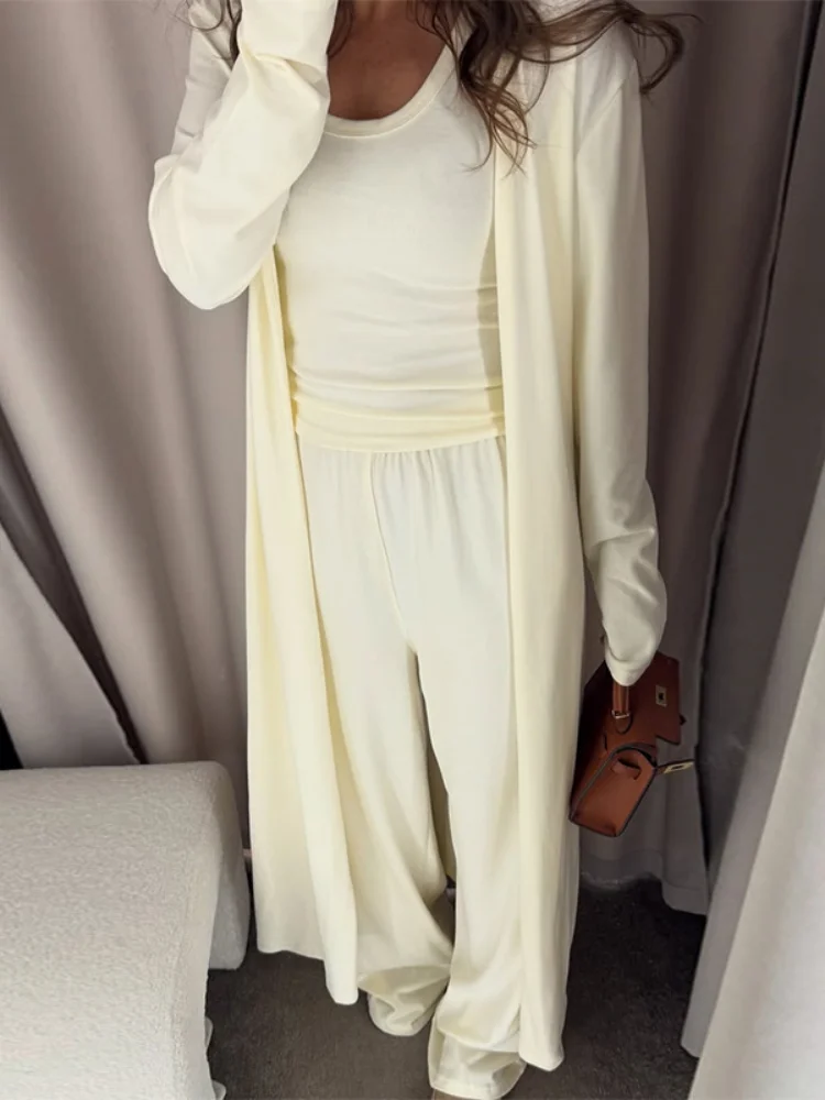 Conjunto de pantalones lisos elegantes para mujer, Top sin mangas con cuello redondo, cárdigan largo, pantalón recto de pierna ancha, moda de verano 2025, trajes informales para mujer