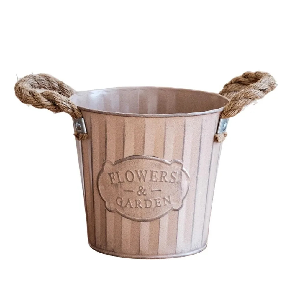 Multipurpose Vintage Iron Flower Pot American Style Light Brown Flower Bucket Woven Rope Handle Metal Planter Balcony