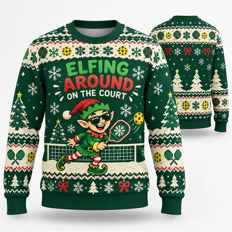 Christmas Pickleball Crewneck Sweatshirt Men Funny Santa Snowman Elf Reindeer Ugly Xmas Pullover Holiday Sports Party Gift Top