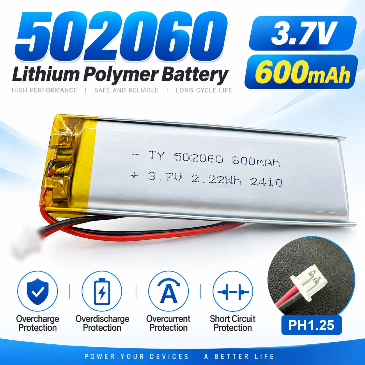 3.7V 600mAh 502060/522060 Lipo Polymer Lithium Rechargeable Battery for MP3 GPS DVD Bluetooth Recorder Headset E-book Camera
