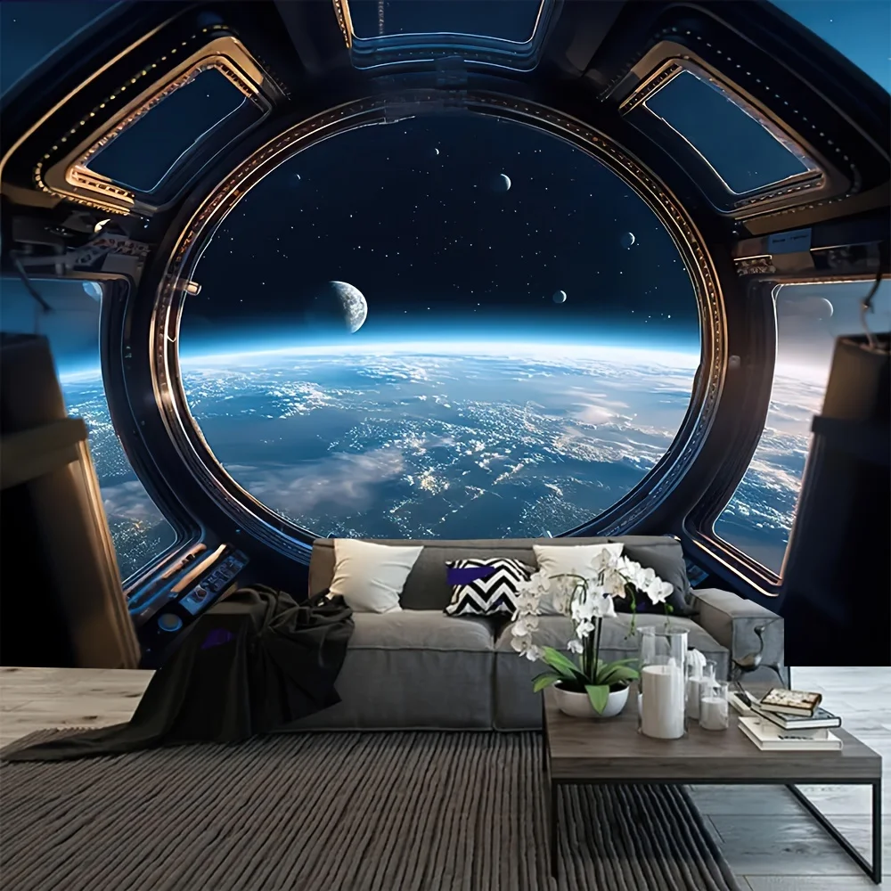 

Космическая станция, окно, вид на землю, гобелен, космический пейзаж, луна, планета, настенный декор, научный декор, принт для гостиной