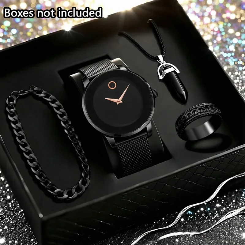 Men's Business Watch Casual Alloy Strap Men's Quartz Watch Necklace Bracelet Ring Set