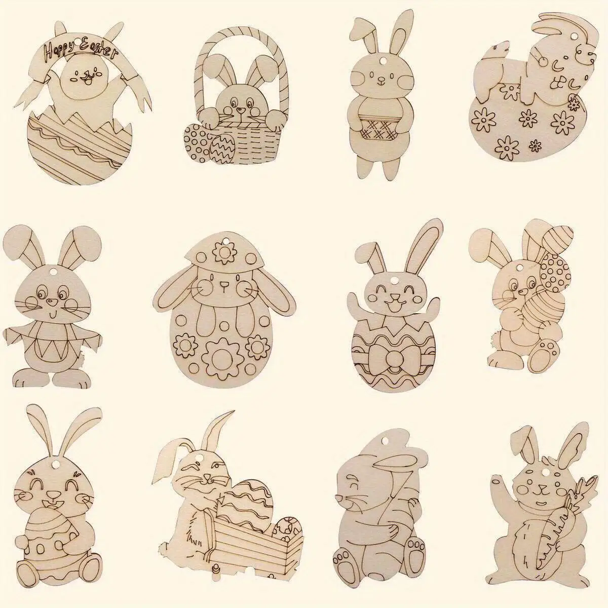 12PCS Carton Wooden Ornament Egg Rabbit Hanging Pendants For Happy Easter Spring Party Decoration Kids DIY Painting Crafts